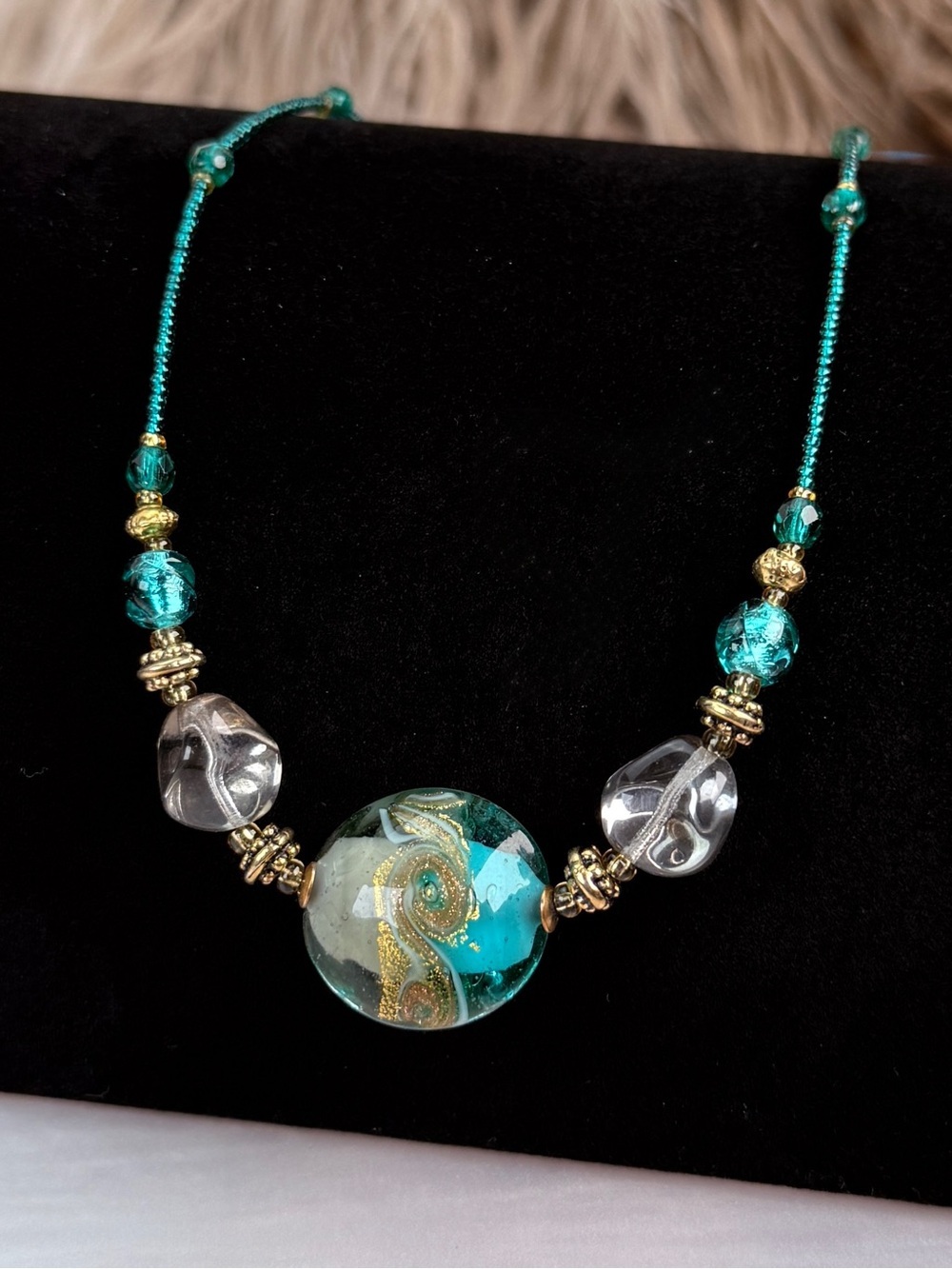 Art Glass Pendant Beaded Necklace Aqua Gold Swirl Artisan Style
